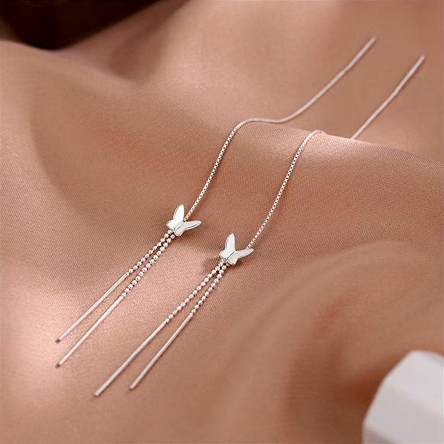 Sterling Silver Long Pull Through Threader Butterfly Bead Tassel Earrings