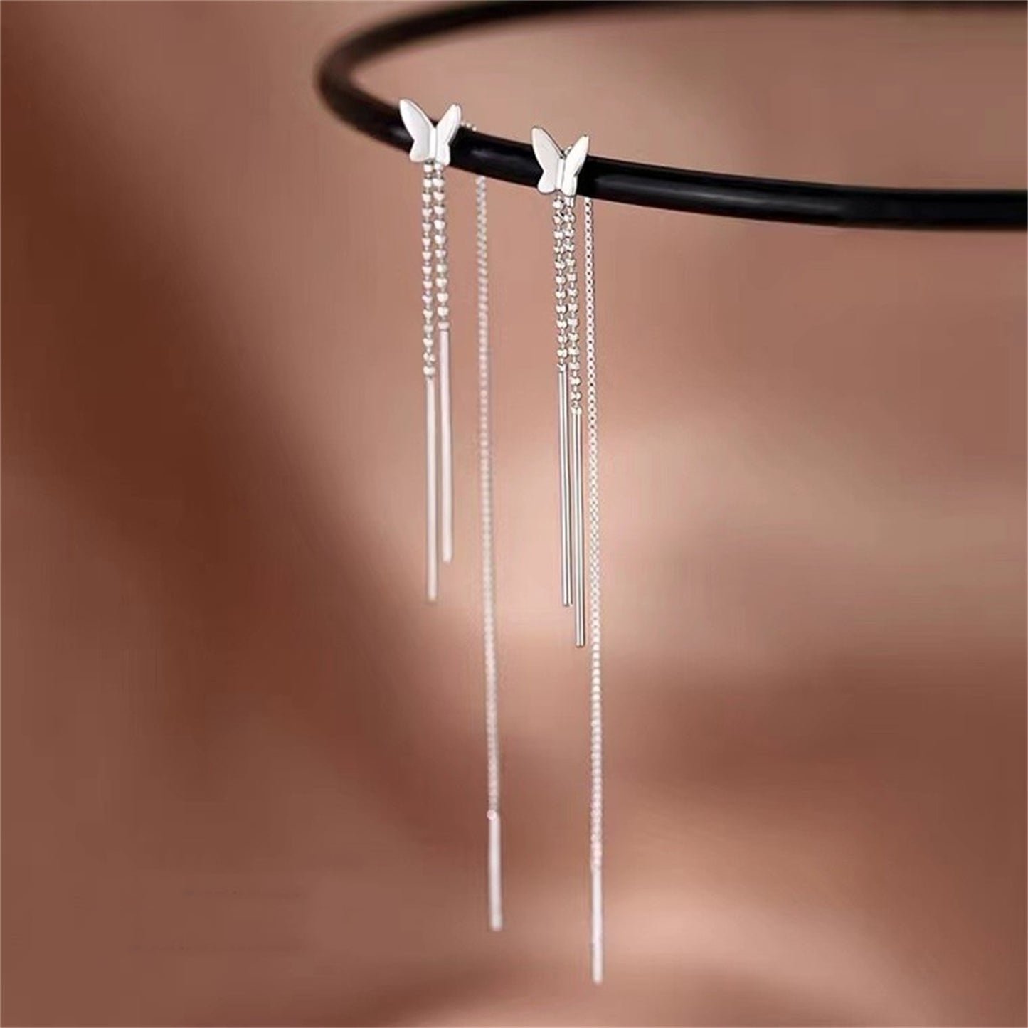 Sterling Silver Long Pull Through Threader Butterfly Bead Tassel Earrings