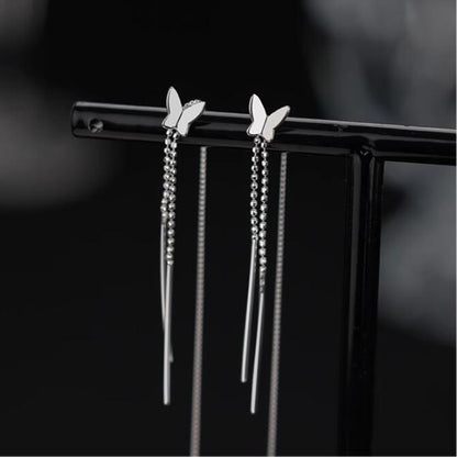 Sterling Silver Long Pull Through Threader Butterfly Bead Tassel Earrings