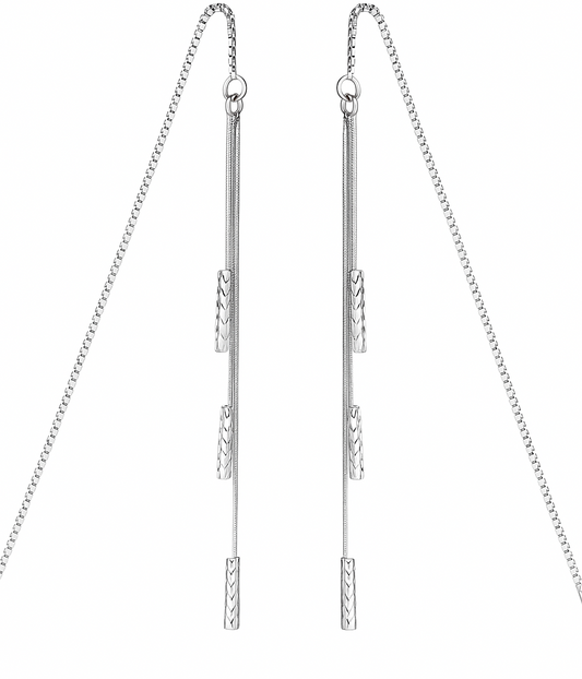 Sterling Silver Long Twisted Tube Bars Wind Chime Tassel Drop Pull Through Threader Earrings