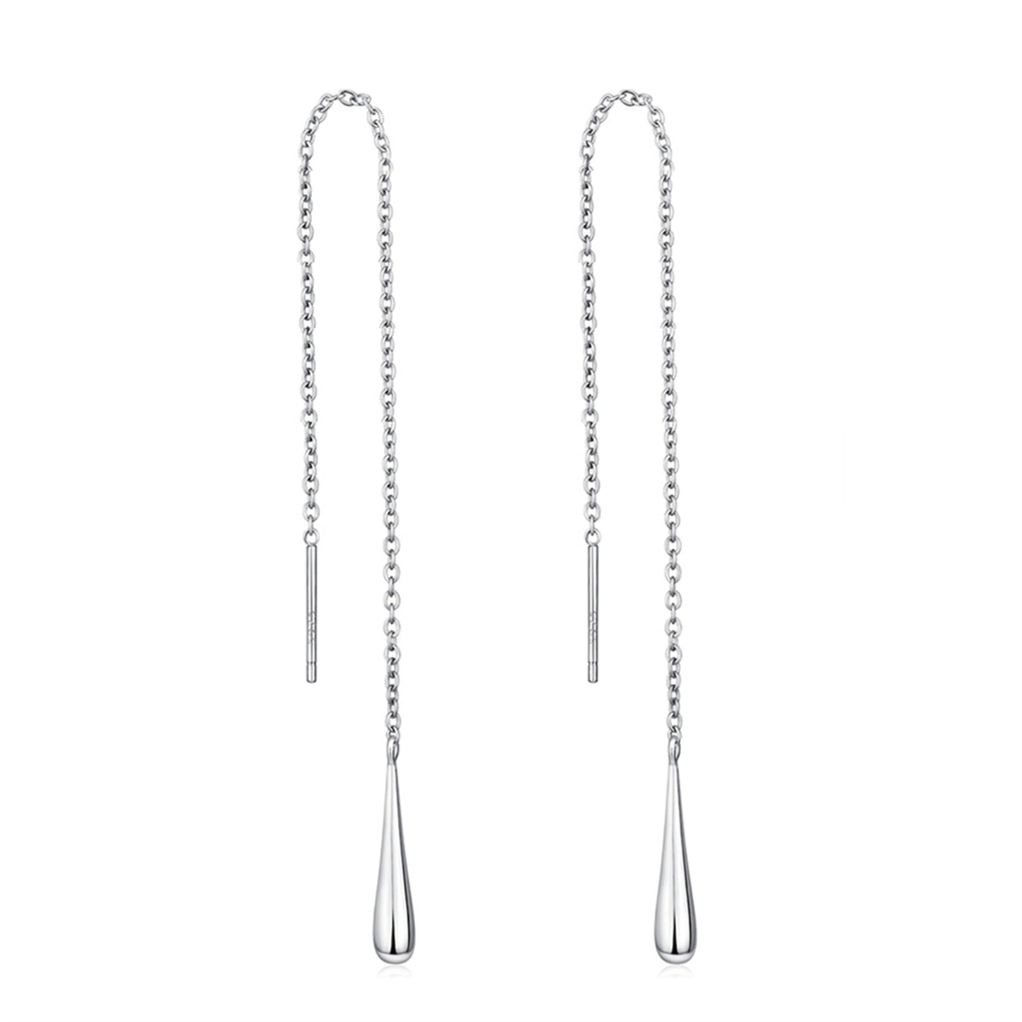 Silver-tone teardrop threader earrings with long chain and teardrop drop