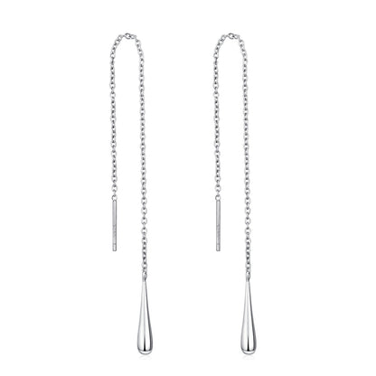 Silver-tone teardrop threader earrings with long chain and teardrop drop