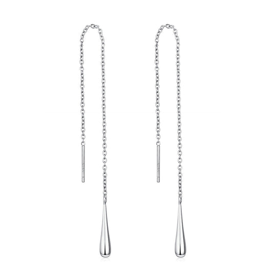 Silver-tone teardrop threader earrings with long chain and teardrop drop