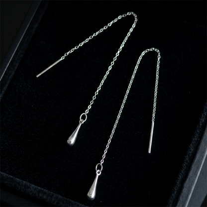 Silver-tone teardrop threader earrings with long chain and teardrop drops