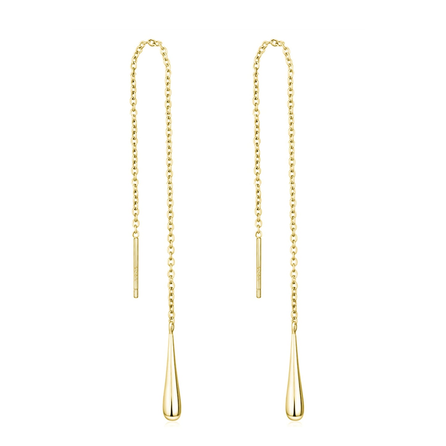 Gold-tone teardrop threader earrings with a long chain and teardrop drop