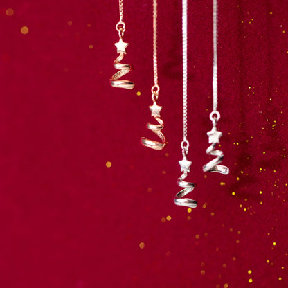 Sterling Silver Star Ribbon Christmas Tree Pull Through Threader Earrings