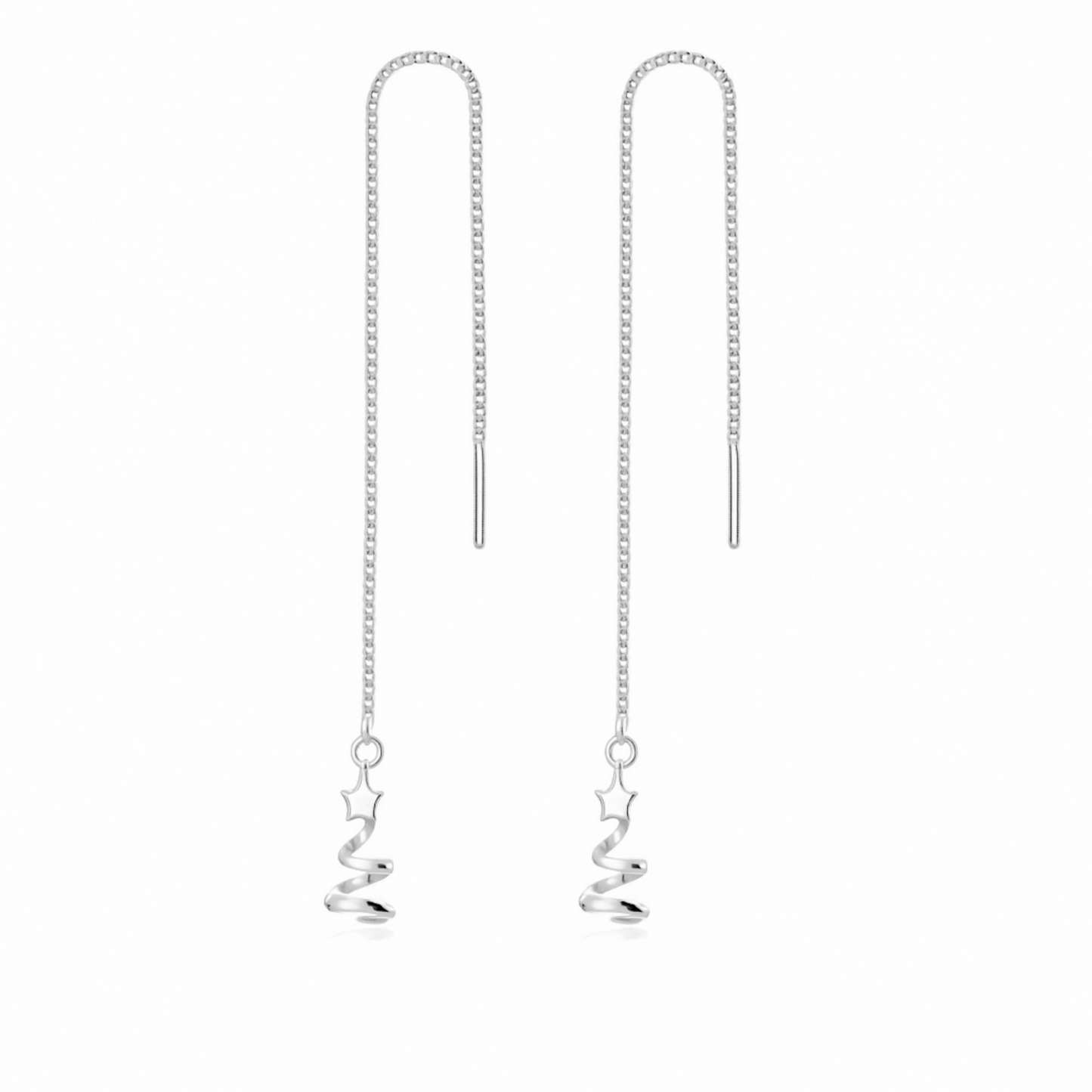 Sterling Silver Star Ribbon Christmas Tree Pull Through Threader Earrings
