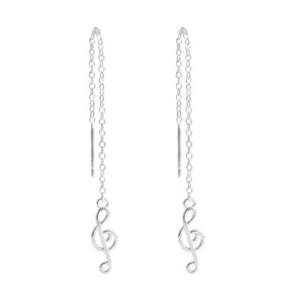 Silver music-note charm threader dangle earrings with long chain and hooked end