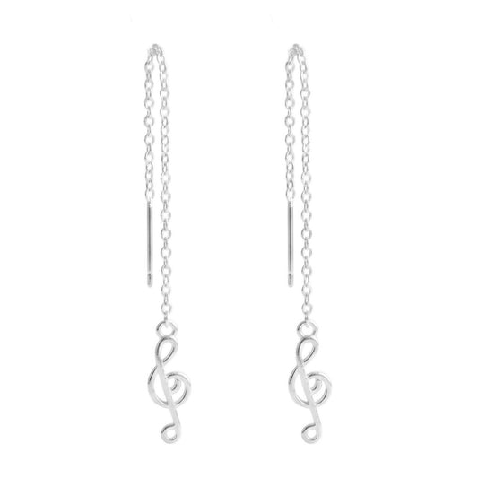 Silver music-note charm threader dangle earrings with long chain and hooked end