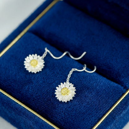 Sunflower threader earrings set, silver flowers with yellow centers and wavy ear wires