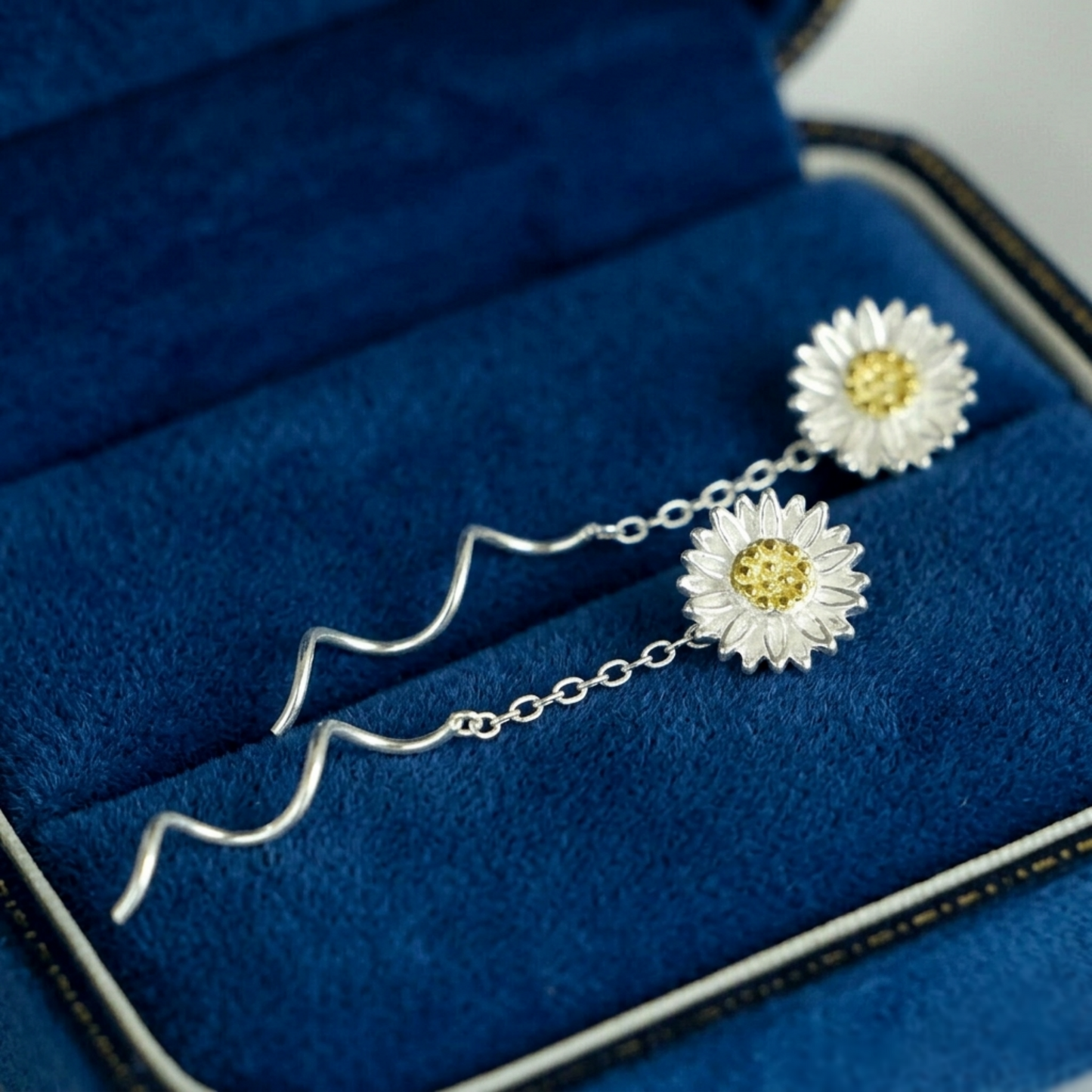 Sunflower threader earrings, yellow-centered silver daisies with chain drops and wavy wires