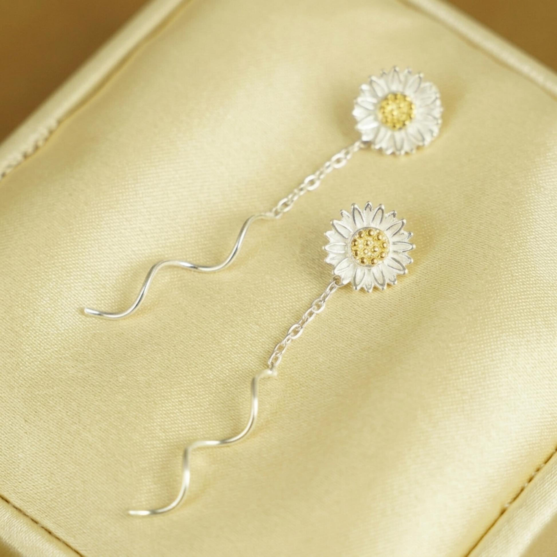 Sunflower threader earrings pair, silver petals with yellow centers and wavy dangling chains