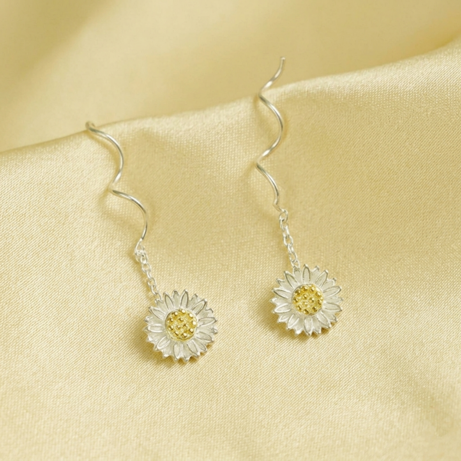 Sunflower threader earrings, silver daisy petals with yellow centers on chain and wavy hook