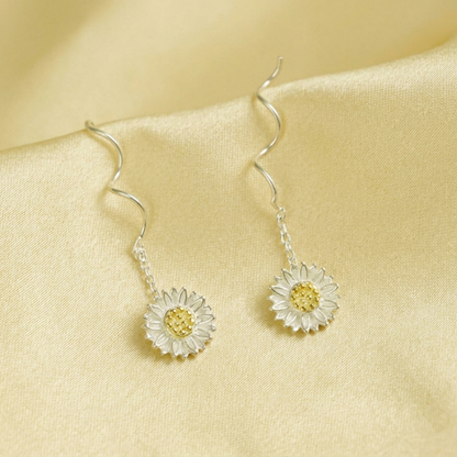 Sunflower threader earrings, silver daisy petals with yellow centers on chain and wavy hook