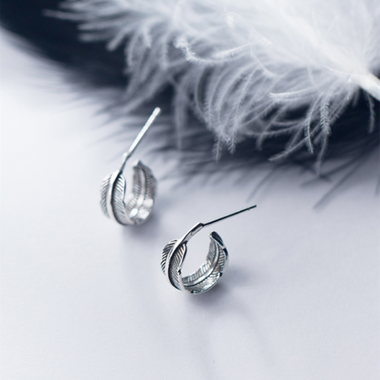 Feather Leaf Drop Half Hoop Stud Earrings in Sterling Silver Oxidized Retro Style Unisex - sugarkittenlondon