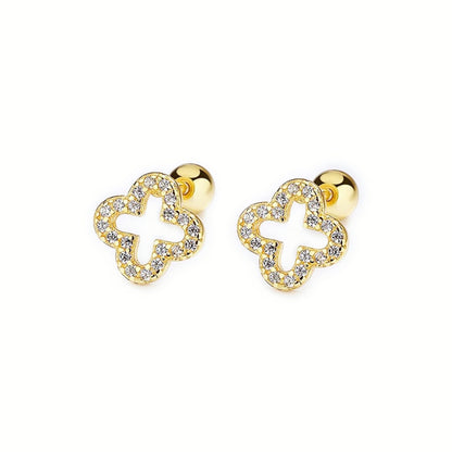 925 Sterling Silver 4 Leaf Clover Pave CZ Bead Ball Screw Back Stud Earrings