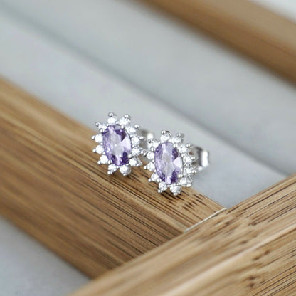 Sterling Silver Amethyst Purple CZ Oval Cluster Stud Earring Jewellery - sugarkittenlondon