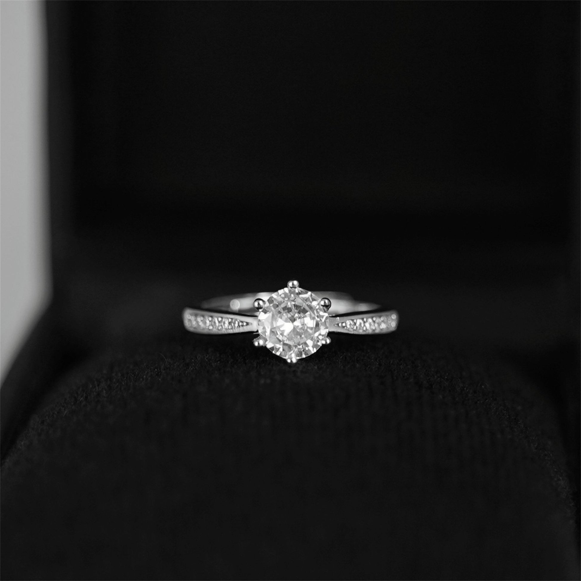 Sterling Silver Proposal Engagement Ring with CZ Shoulders - sugarkittenlondon