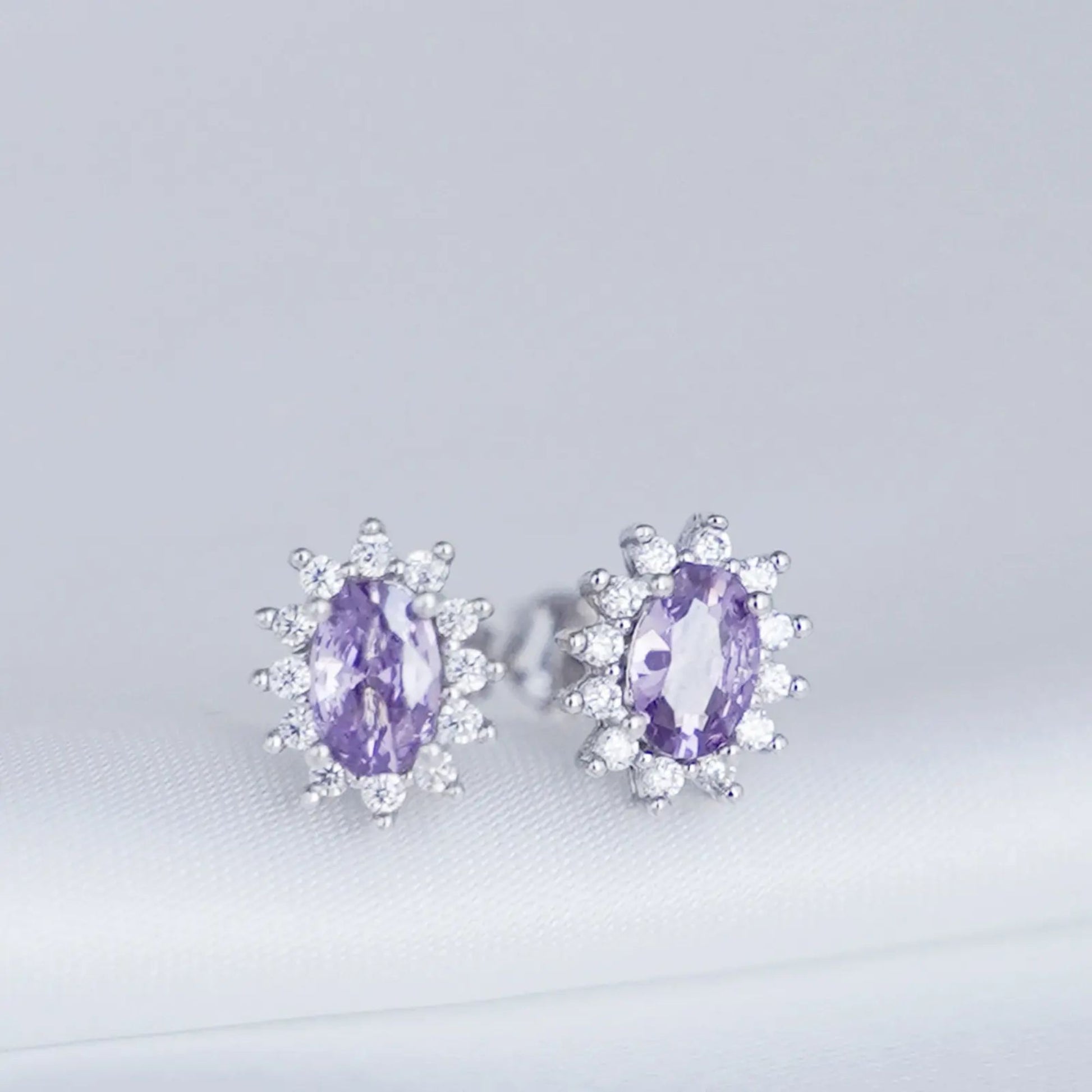 Sterling Silver Amethyst Purple CZ Oval Cluster Stud Earring Jewellery - sugarkittenlondon