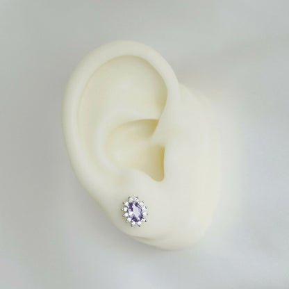 Sterling Silver Amethyst Purple CZ Oval Cluster Stud Earring Jewellery - sugarkittenlondon