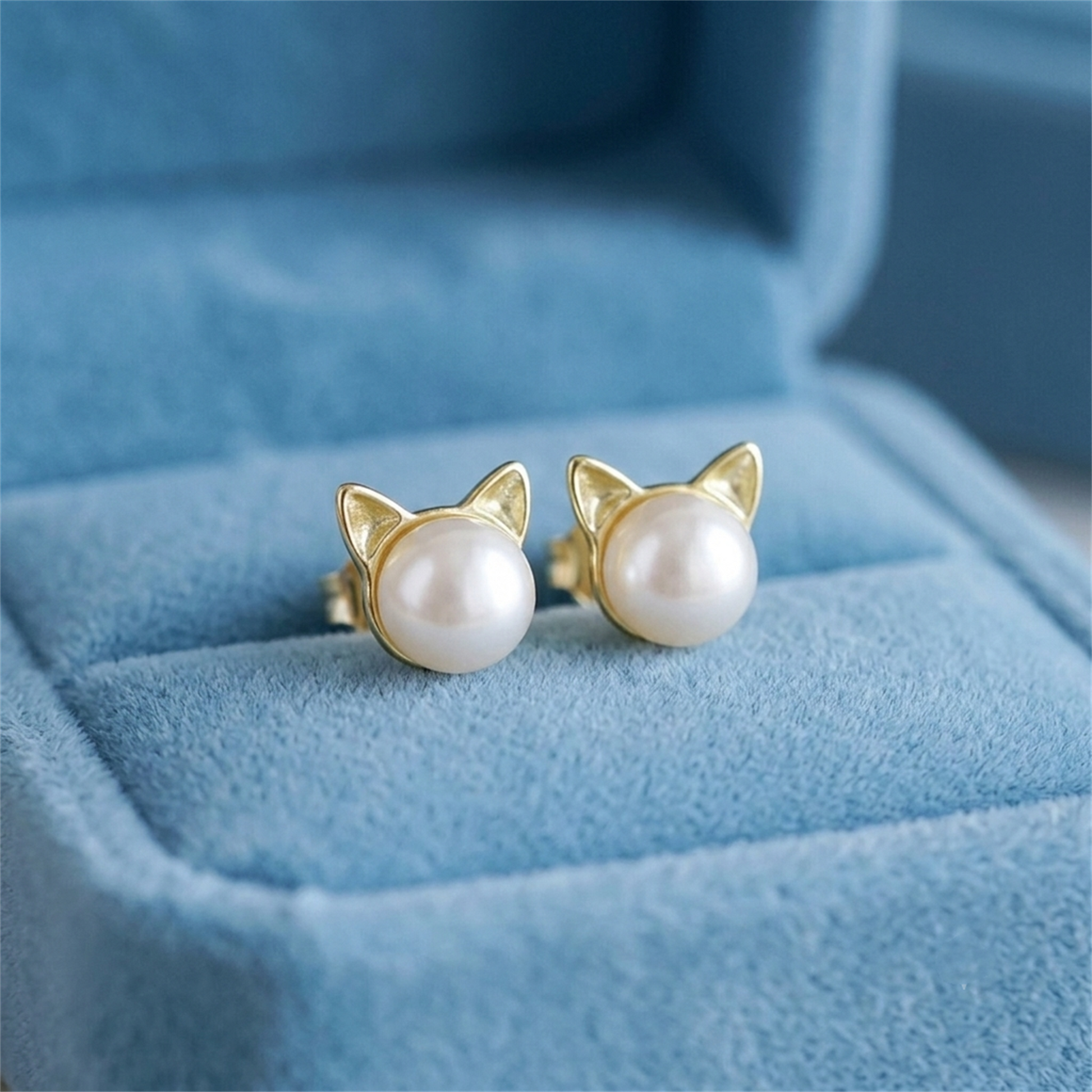 Gold cat pearl stud earrings with round white pearls and cat-ear detail, pair