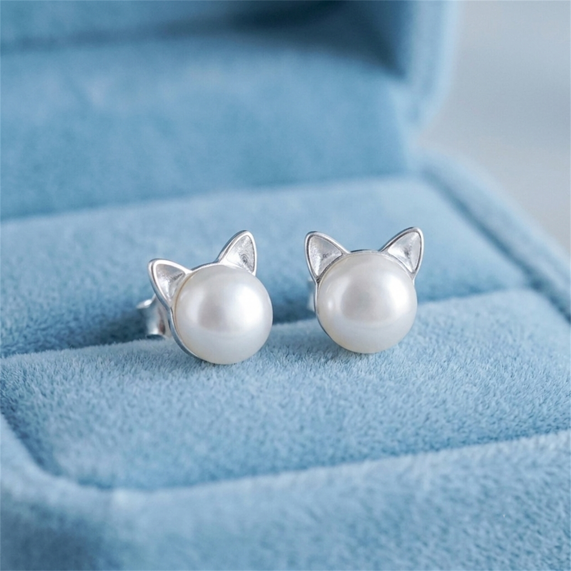 Silver cat pearl stud earrings with cat-ear shaped posts and round white pearls