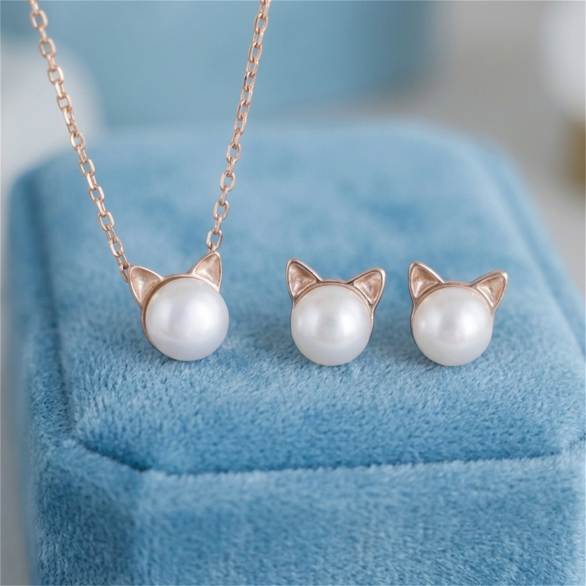 Cat pearl necklace pendant with matching cat-face stud earrings on a display cushion