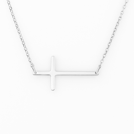 Sterling Silver Reversible Horizontal Sideways Layer Cross Necklace 42.5cm 16.7"