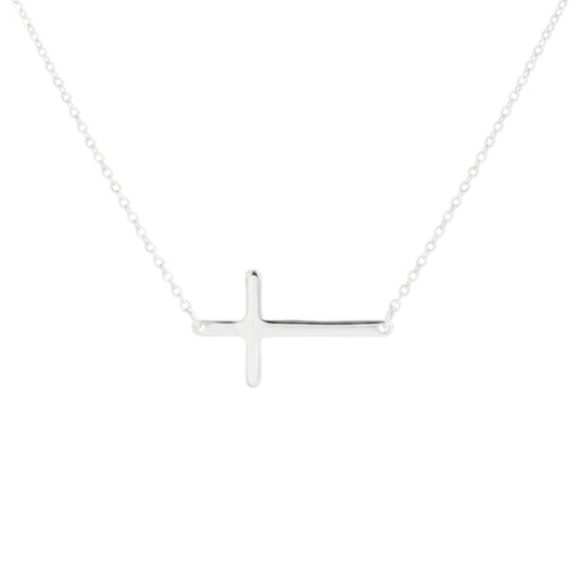 Sterling Silver Reversible Shiny and Textured Sideways Cross Necklace 42.5cm 16.7"