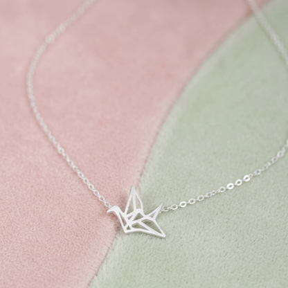 Silver origami crane pendant with delicate link chain
