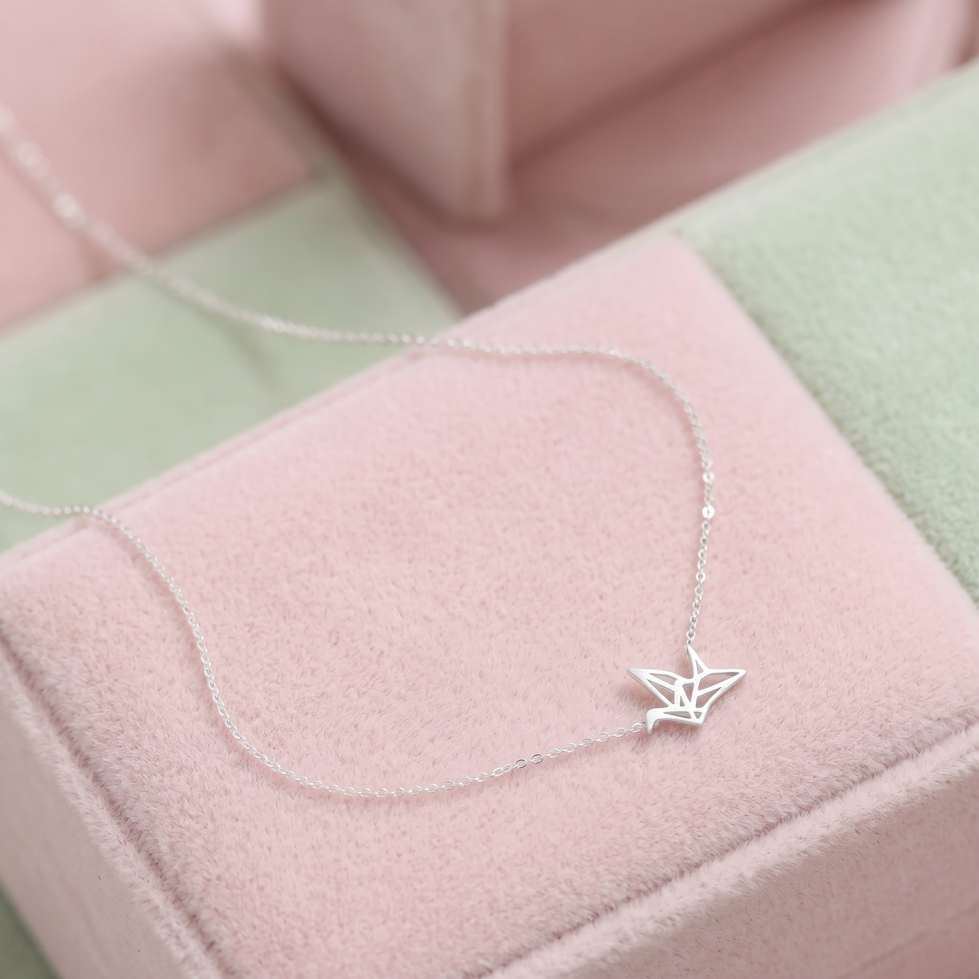 Origami crane necklace, small silver crane charm on chain
