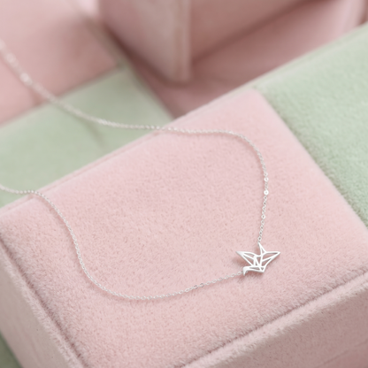 Origami crane necklace, small silver crane charm on chain
