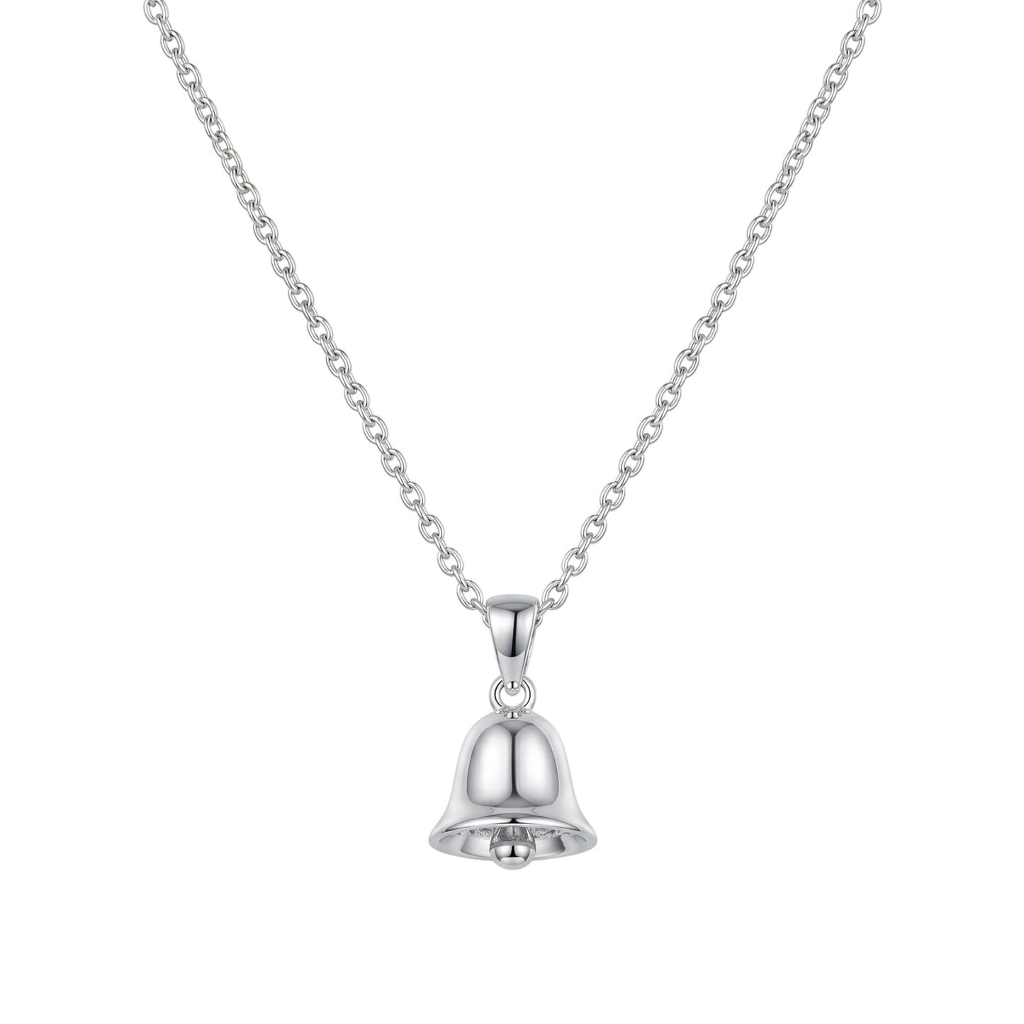 3D jingle bell pendant necklace with polished silver bell charm and link chain