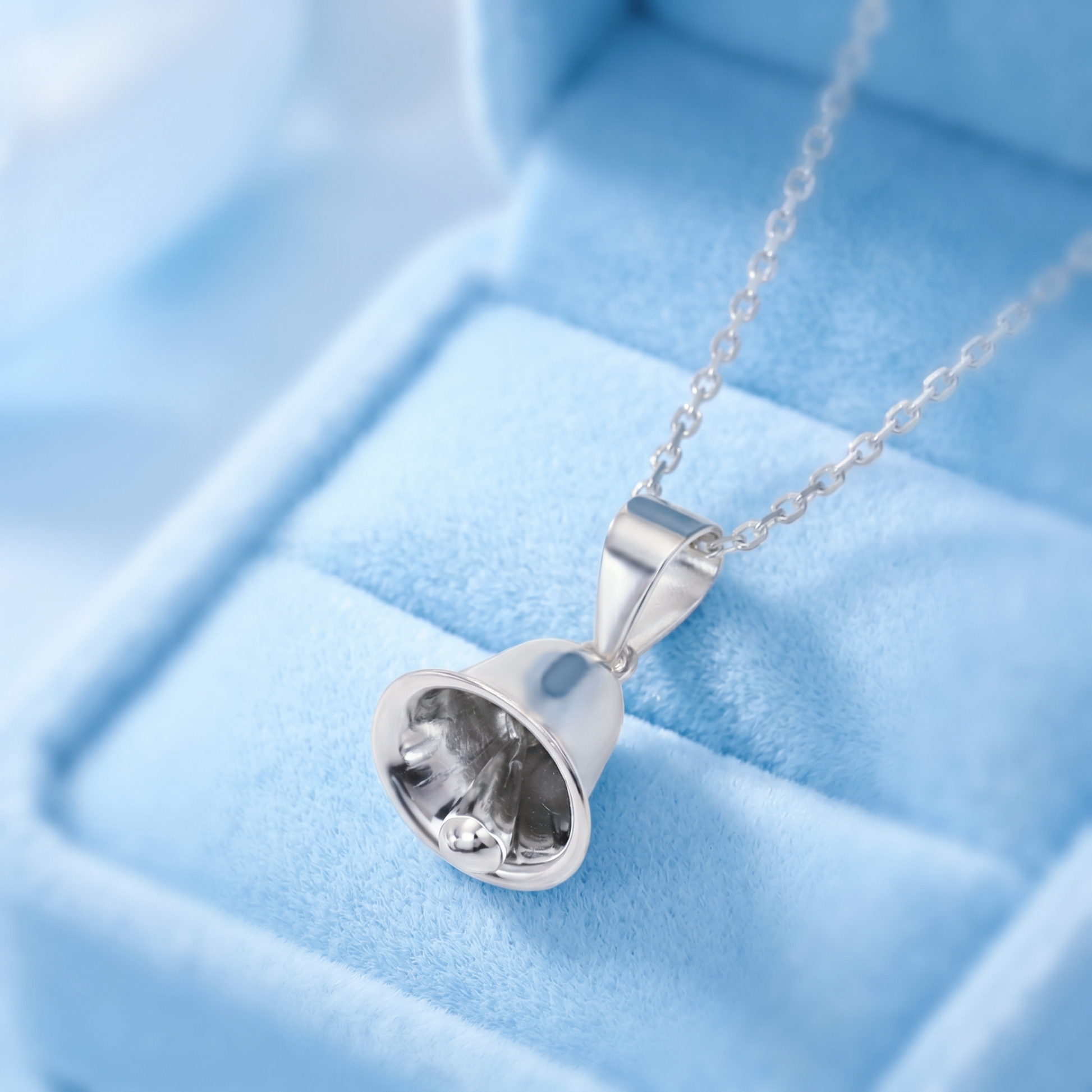3D jingle bell pendant necklace, rounded silver bell with small clapper detail