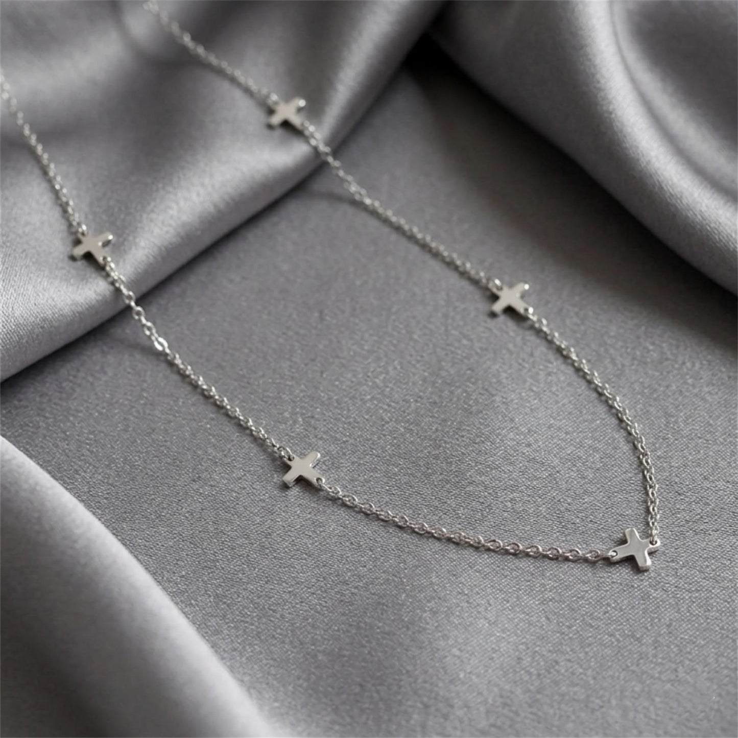 Rhodium on Sterling Silver Mini Horizontal Sideways Multi Cross Charms Necklace 37 - 43cm 17''