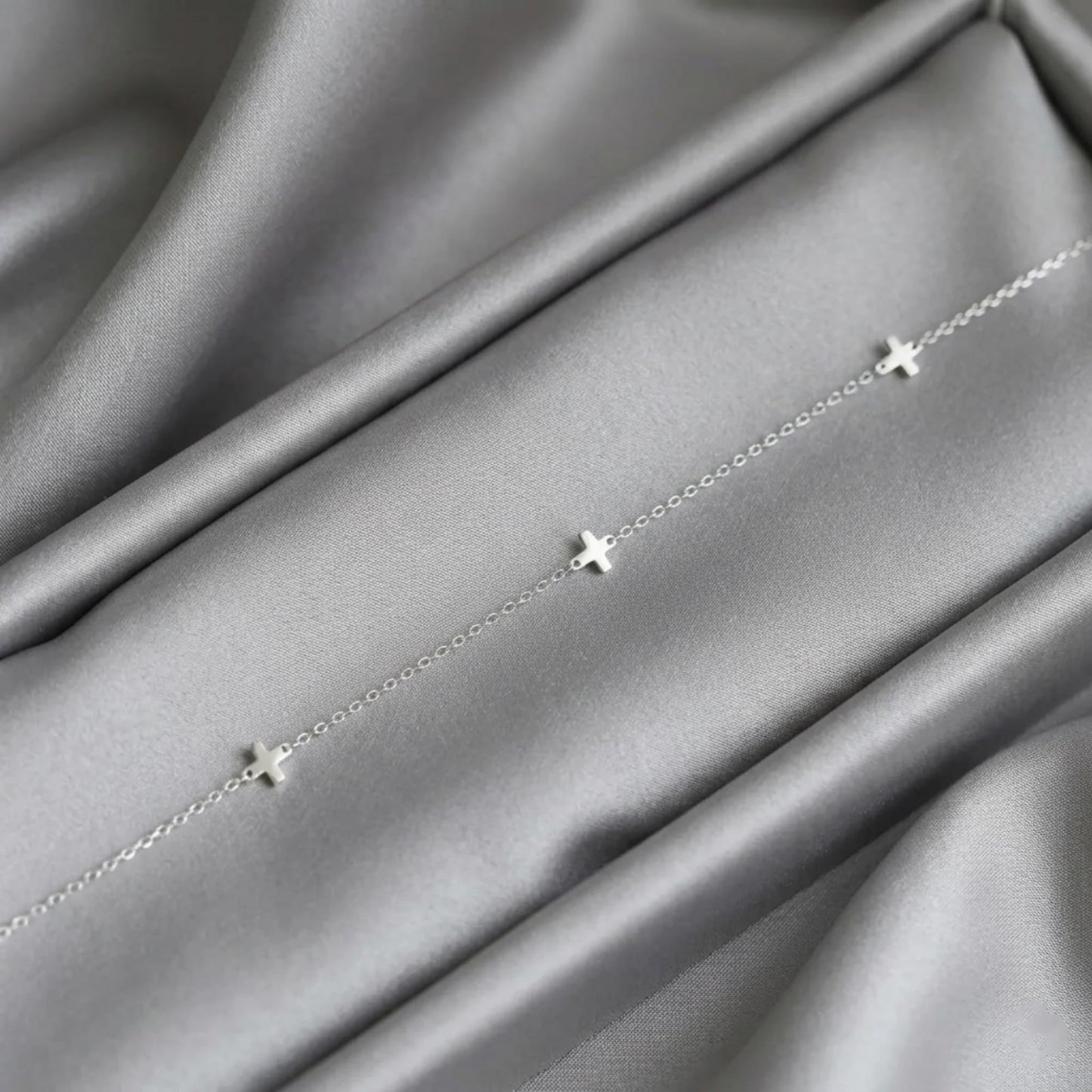 Rhodium on Sterling Silver Mini Horizontal Sideways Multi Cross Charms Necklace 37 - 43cm 17''