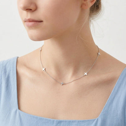 Rhodium on Sterling Silver Mini Horizontal Sideways Multi Cross Charms Necklace 37 - 43cm 17''