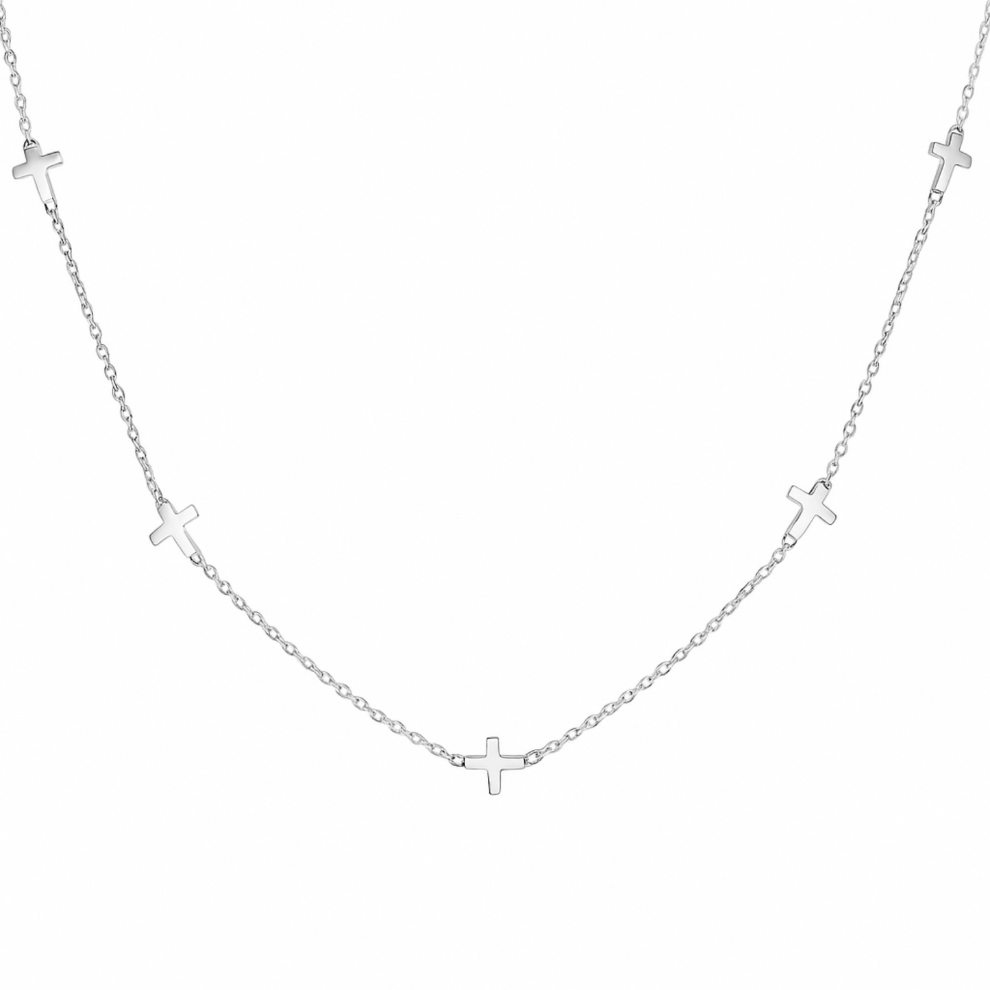 Rhodium on Sterling Silver Mini Horizontal Sideways Multi Cross Charms Necklace 37-43cm 17''
