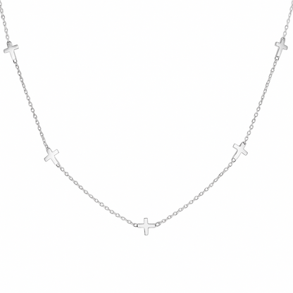 Rhodium on Sterling Silver Mini Horizontal Sideways Multi Cross Charms Necklace 37-43cm 17''