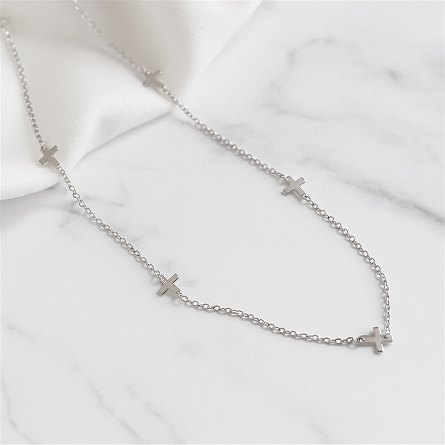 Rhodium on Sterling Silver Mini Horizontal Sideways Multi Cross Charms Necklace 37-43cm 17''