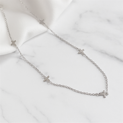 Rhodium on Sterling Silver Mini Horizontal Sideways Multi Cross Charms Necklace 37-43cm 17''