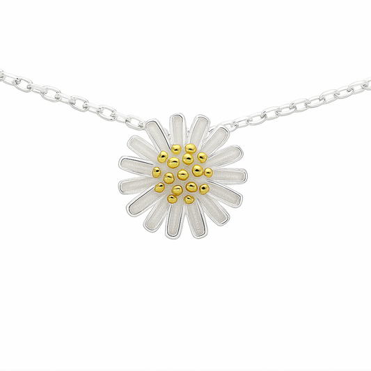 Sterling Silver 11mm Daisy Flower Blossom Pendant Lobster Clasp Necklace 40cm - 44cm 17.3'' Silver/Gold