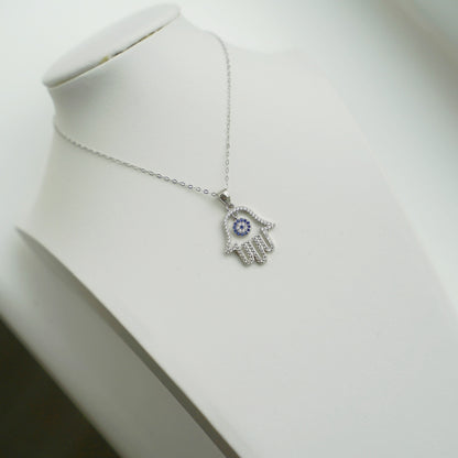 Sterling Silver Hollow Blue Paved CZ Evil Eye Hamsa Hand of Fatima Pendant