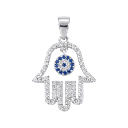 Rhodium on Sterling Silver Blue Paved CZ Evil Eye Hamsa Hand of Fatima Pendant