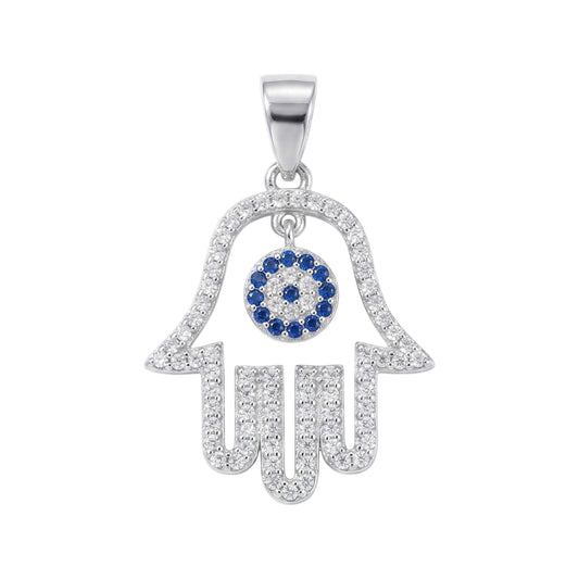 Rhodium on Sterling Silver Blue Paved CZ Evil Eye Hamsa Hand of Fatima Pendant
