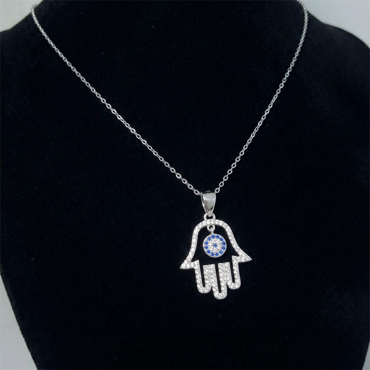 Rhodium on Sterling Silver Blue Paved CZ Evil Eye Hamsa Hand of Fatima Pendant