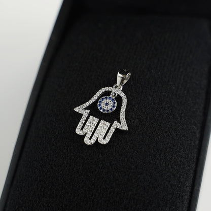 Sterling Silver Hollow Blue Paved CZ Evil Eye Hamsa Hand of Fatima Pendant