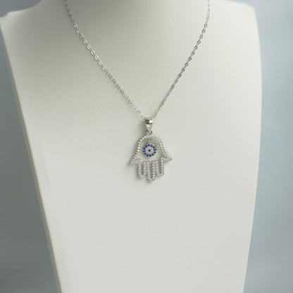 Sterling Silver Hollow Blue Paved CZ Evil Eye Hamsa Hand of Fatima Pendant