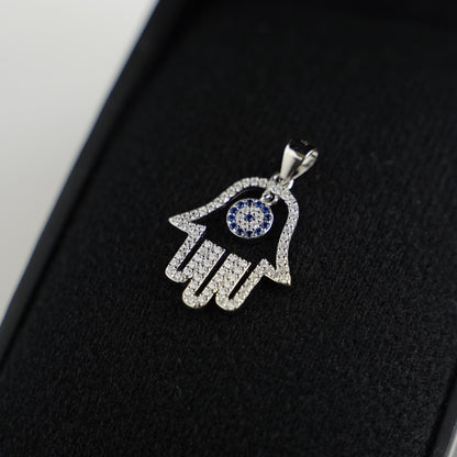 Sterling Silver Hollow Blue Paved CZ Evil Eye Hamsa Hand of Fatima Pendant