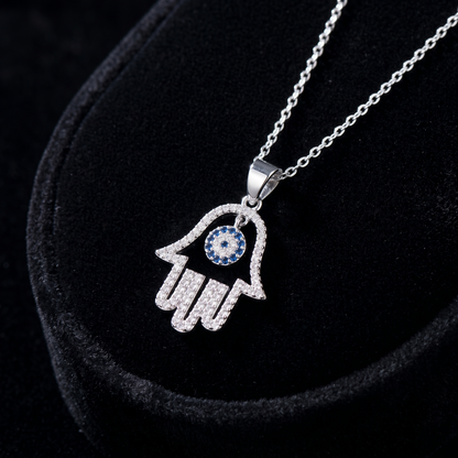 Rhodium on Sterling Silver Blue Paved CZ Evil Eye Hamsa Hand of Fatima Pendant